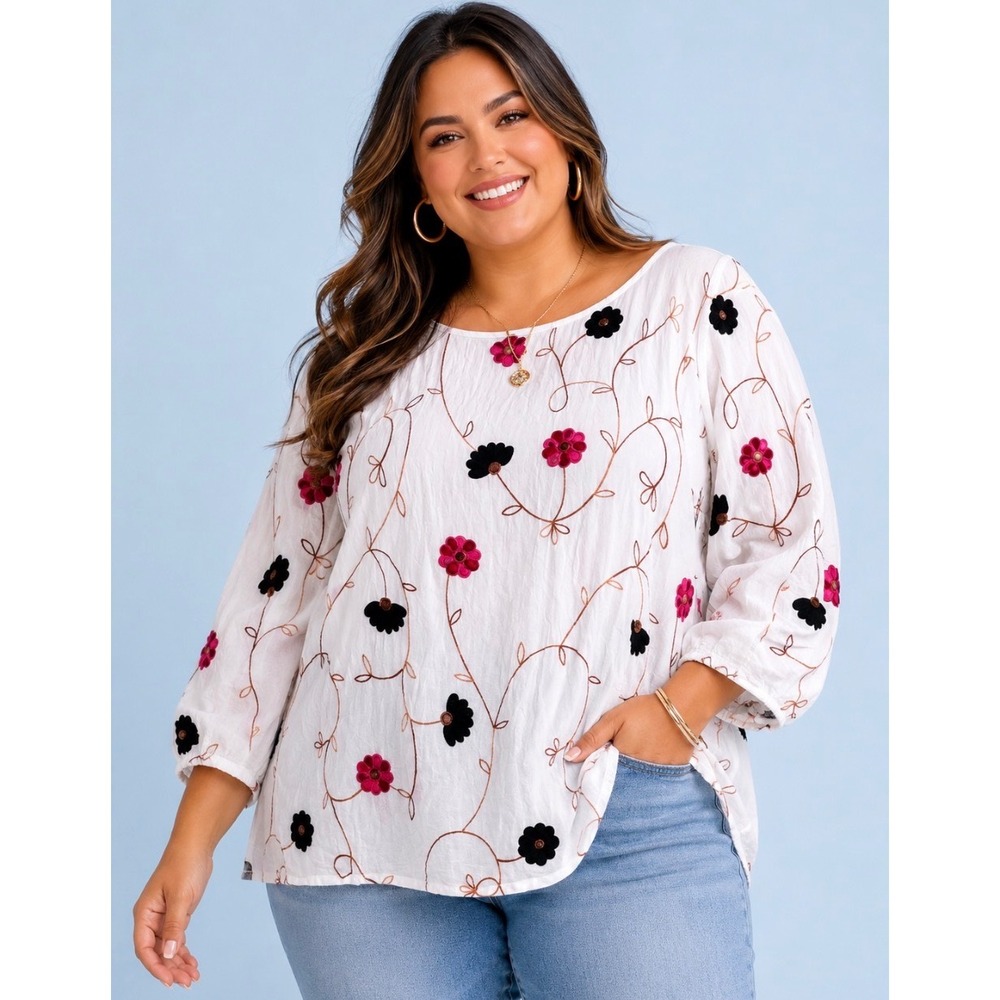 Parami Design White Floral Embroidered 3/4 Sleeve 3X Top Boho Garden Party